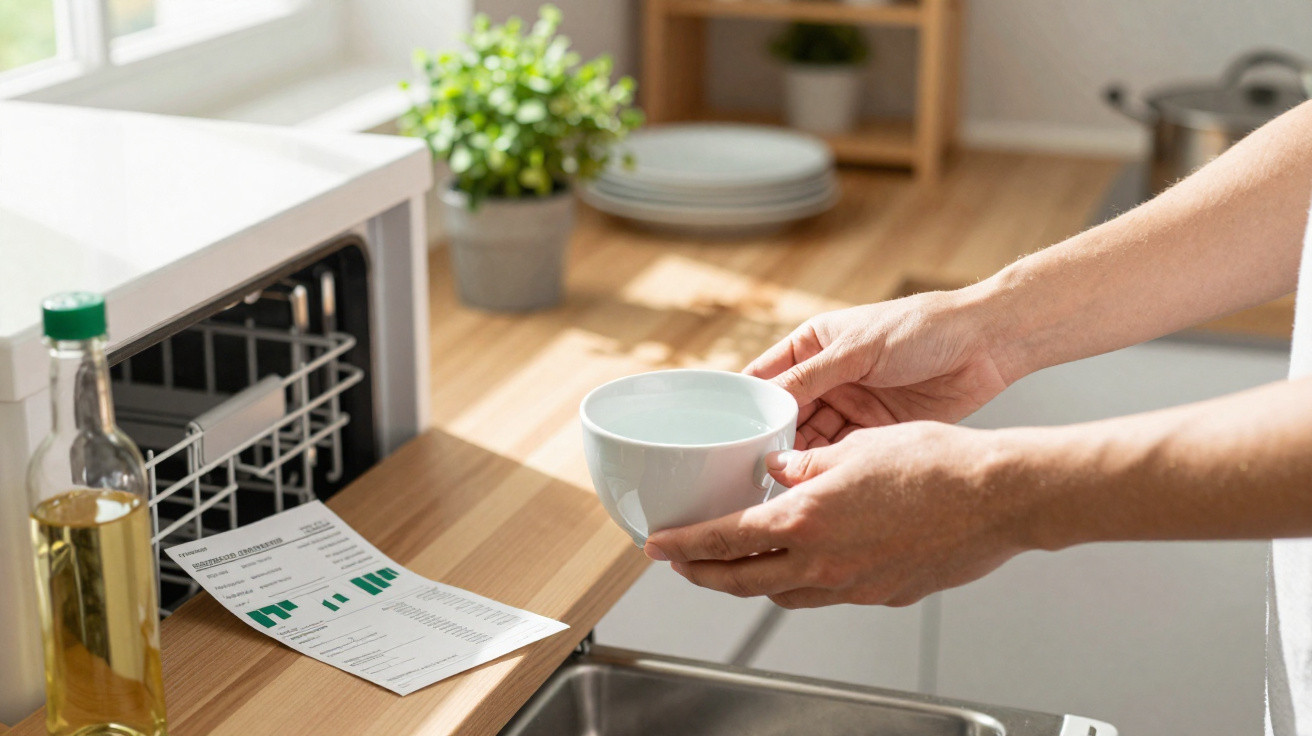 Mãos a colocar uma chávena branca na máquina de lavar loiça numa cozinha luminosa.
