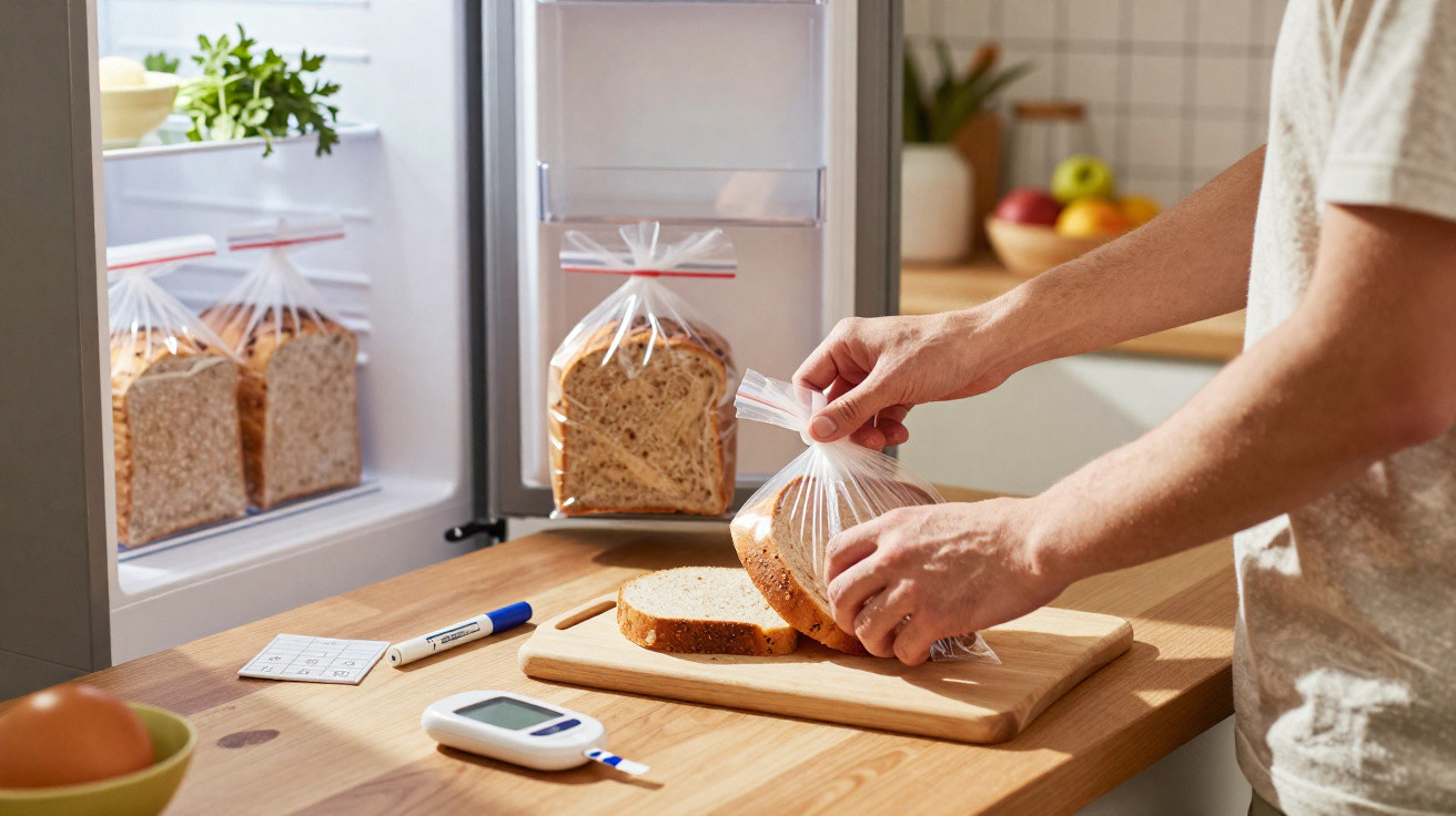 Pessoa a tirar fatias de pão integral de um saco plástico numa cozinha moderna.