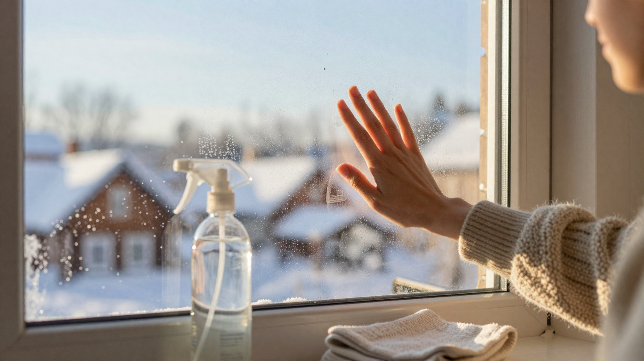 Mão junto a janela com gotas de água, pulverizador e pano, vista de casas cobertas de neve ao fundo.