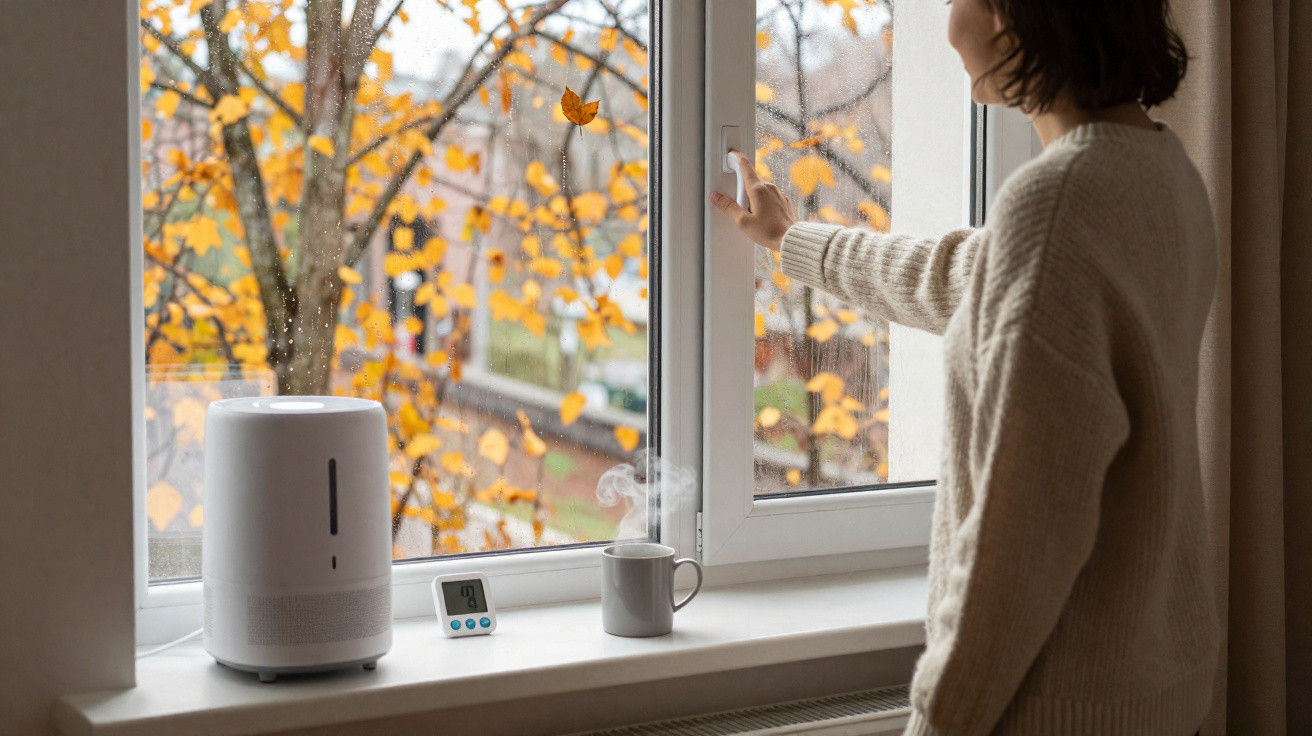 Pessoa a abrir janela num dia chuvoso de outono com humidificador, chá e termómetro na janela.