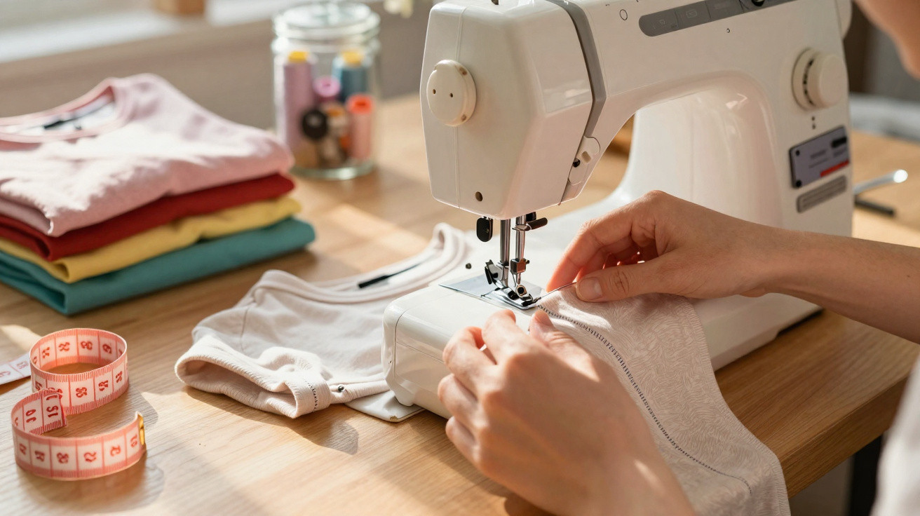 Máquina de costura branca a coser uma peça de roupa clara com mãos femininas.