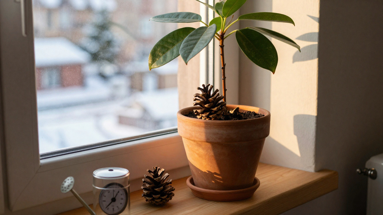 Vaso de barro com planta e pinhas numa janela com luz natural a entrar no quarto.