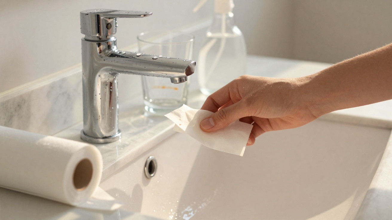Mão a secar a torneira da casa de banho com um papel de cozinha junto a um lava-loiça branco.