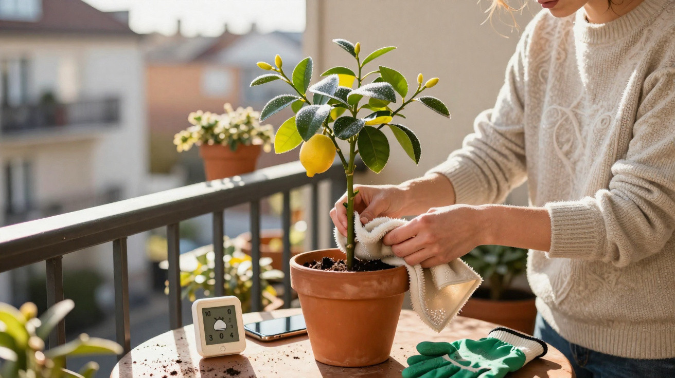 Pessoa a cuidar de um limoeiro em vaso numa varanda com luvas verdes ao lado num dia ensolarado.