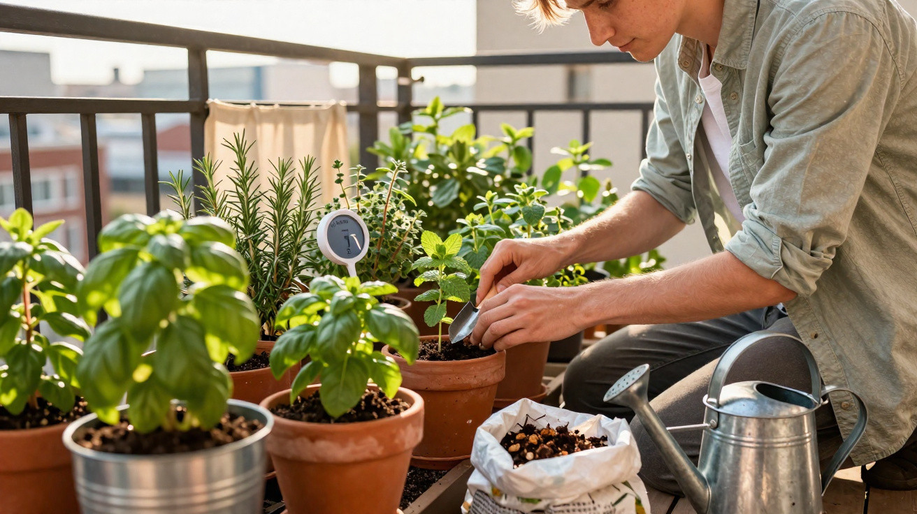 Pessoa a cuidar de plantas aromáticas em vasos numa varanda com regador metálico ao lado.
