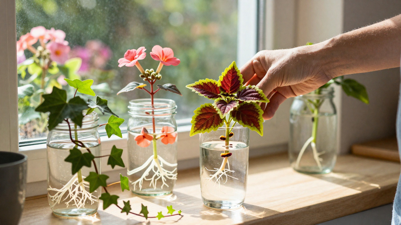 Mãos a cuidar de plantas em jarros de vidro com raízes visíveis numa janela com luz natural.