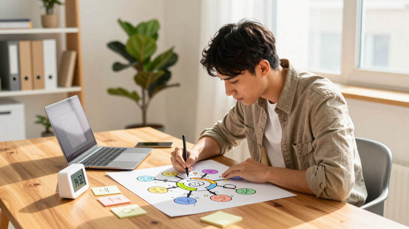 Jovem a desenhar um diagrama colorido numa folha, sentado à mesa com portátil e relógio digital.