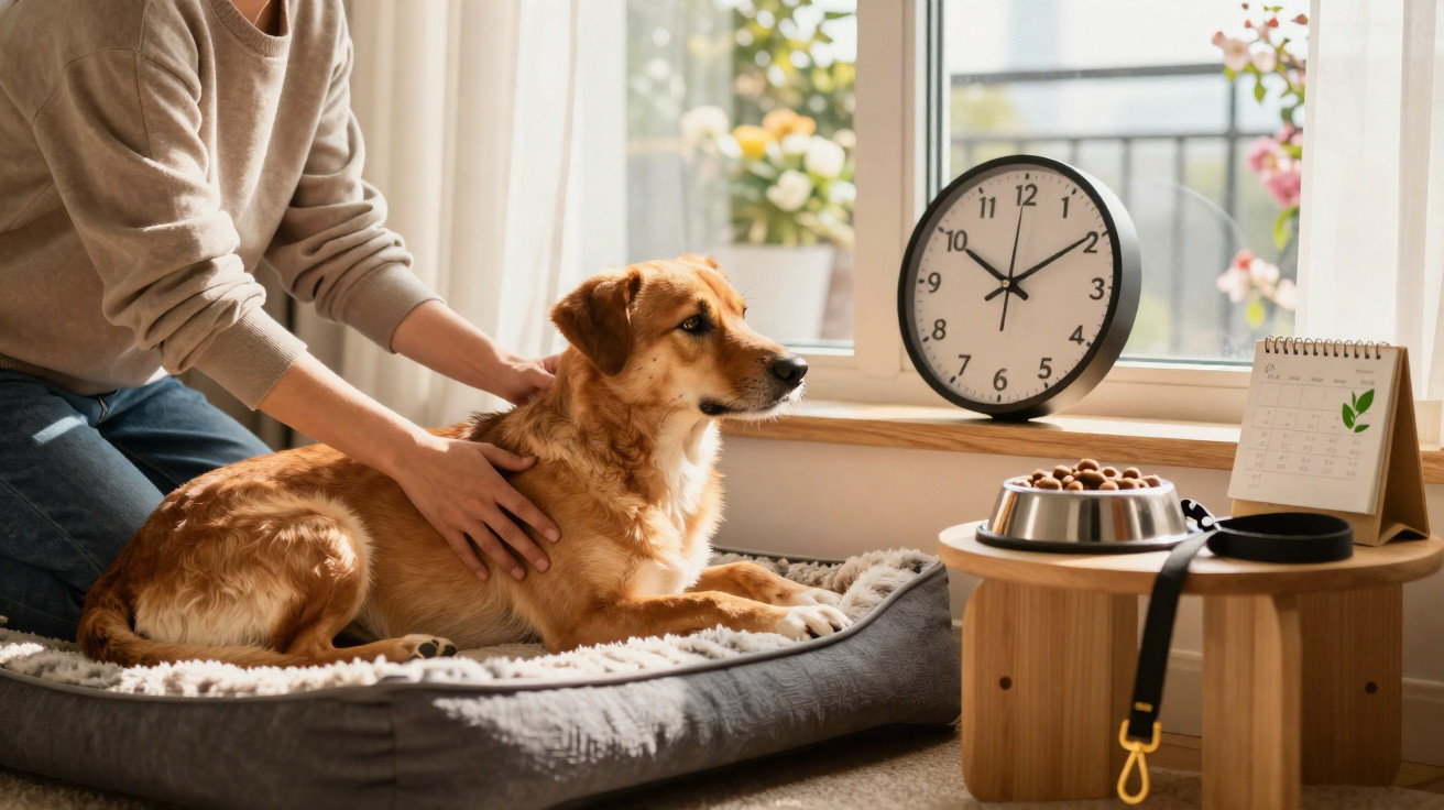 Cão castanho deitado na cama junto à janela enquanto é acariciado por pessoa com camisola castanha.