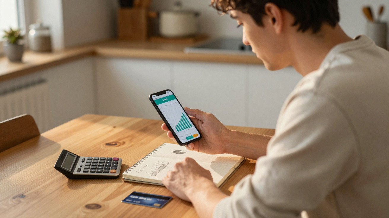 Jovem analisa gráficos financeiros no telemóvel com calculadora, cartão e caderno numa mesa de madeira.