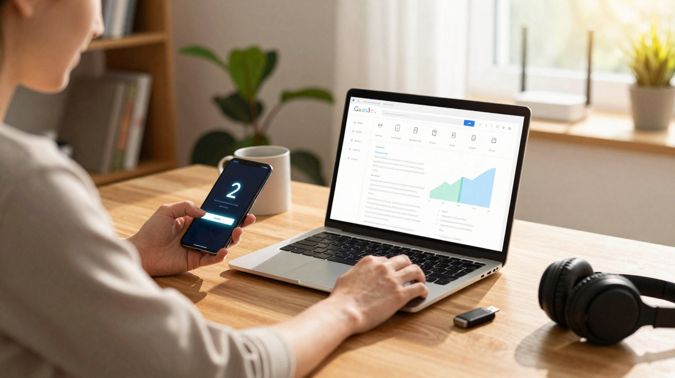 Pessoa a consultar telefone com código 2 e a usar computador portátil numa mesa com auscultadores e pen USB.