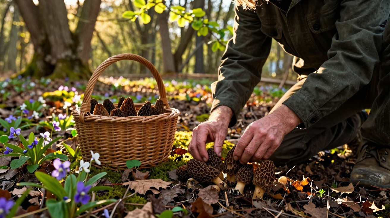 Pessoa apanha cogumelos morchella numa floresta com cesta de vime e flores silvestres ao redor.