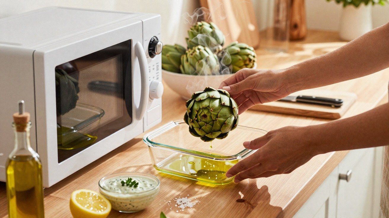 Mãos a colocar alcachofra quente numa travessa com azeite numa cozinha equipada com micro-ondas.