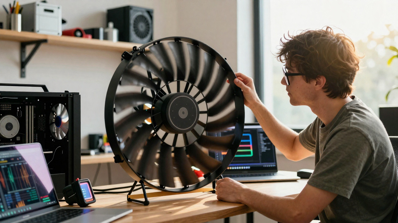 Jovem a examinar grande rotor de turbina num espaço de trabalho com computadores e equipamento técnico.