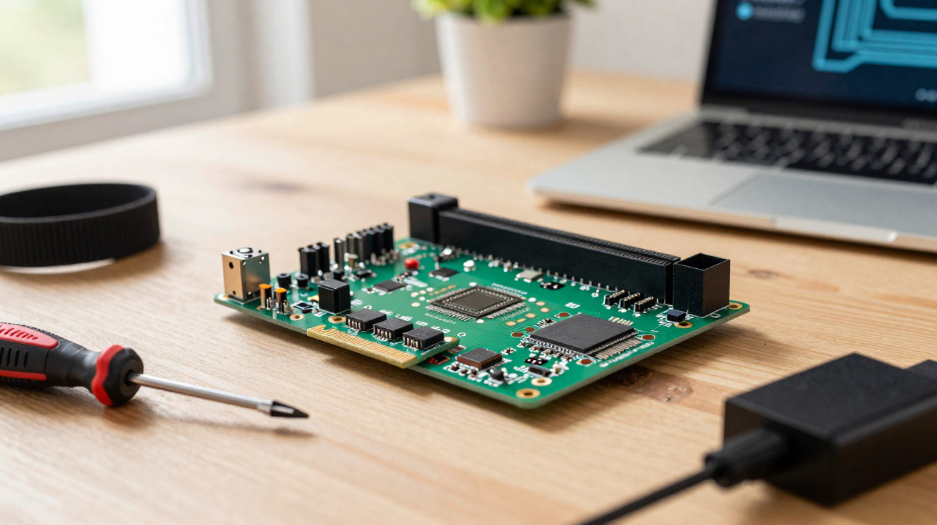 Placa eletrónica verde com componentes numa mesa de madeira junto a computador portátil e chave de fendas vermelha.