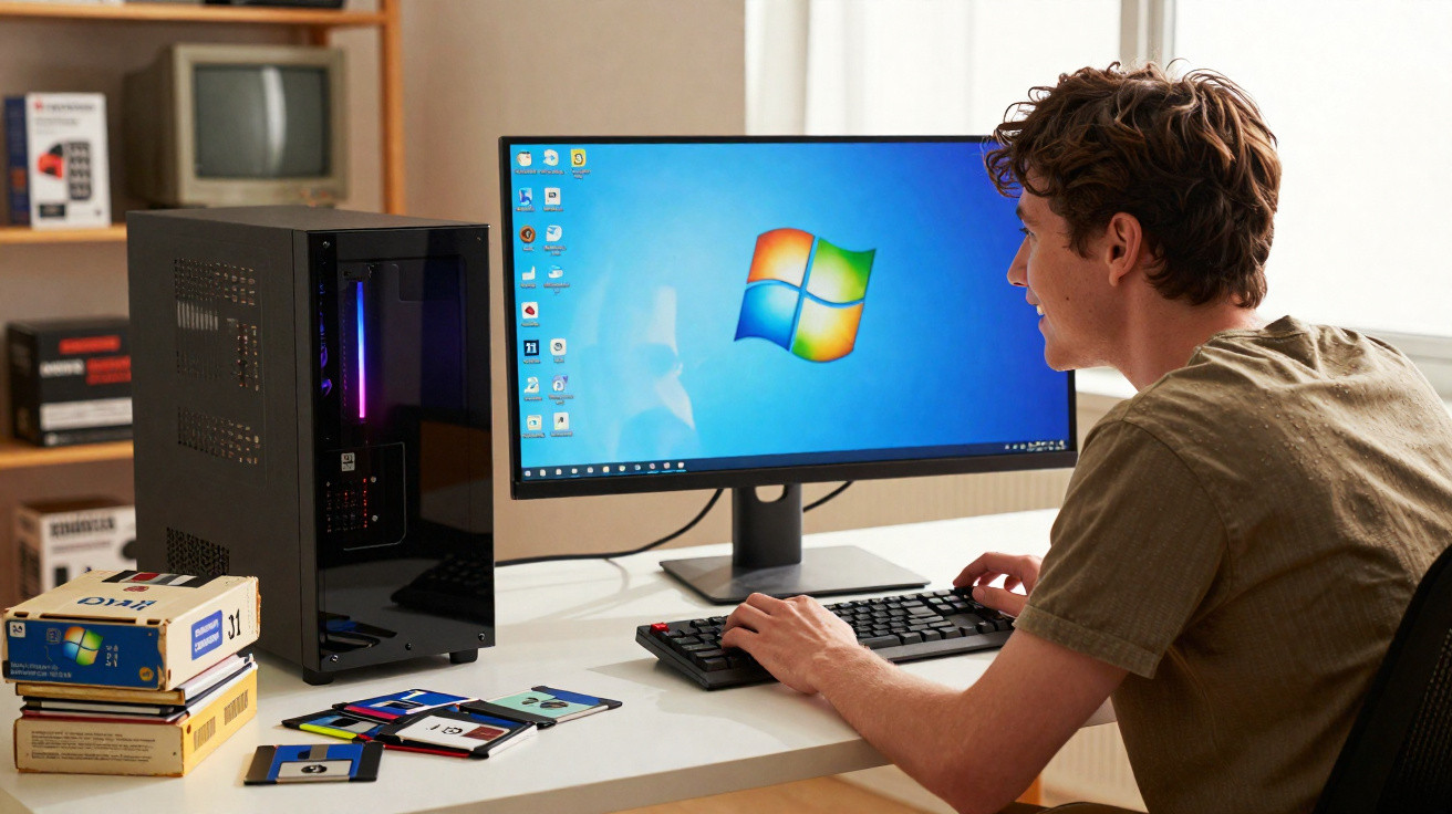 Homem a usar computador de secretária com sistema operativo Windows e disquetes antigas sobre a mesa.