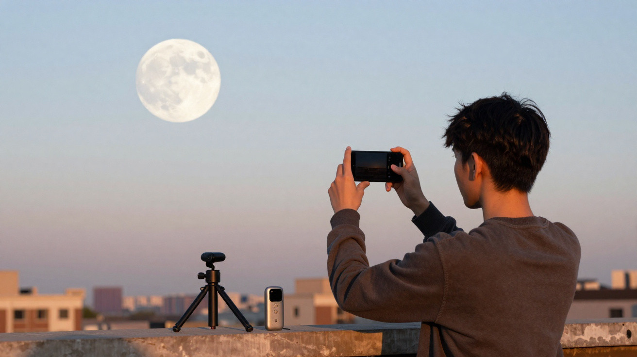 Pessoa a fotografar a lua cheia ao pôr do sol num terraço com câmara e tripé sobre parede.