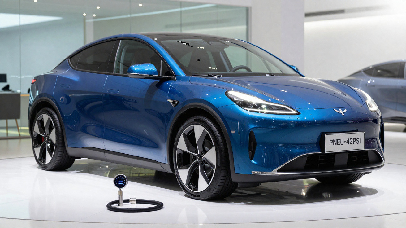 Carro elétrico azul exibido em showroom com rodas modernas e luzes LED dianteiras acesas.