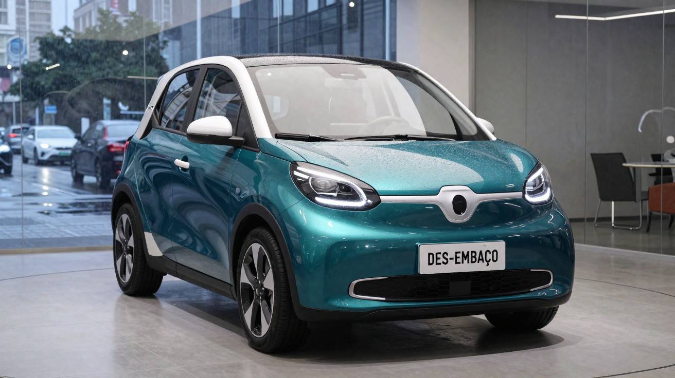 Carro elétrico compacto verde e branco estacionado dentro de uma loja moderna com vidros grandes.