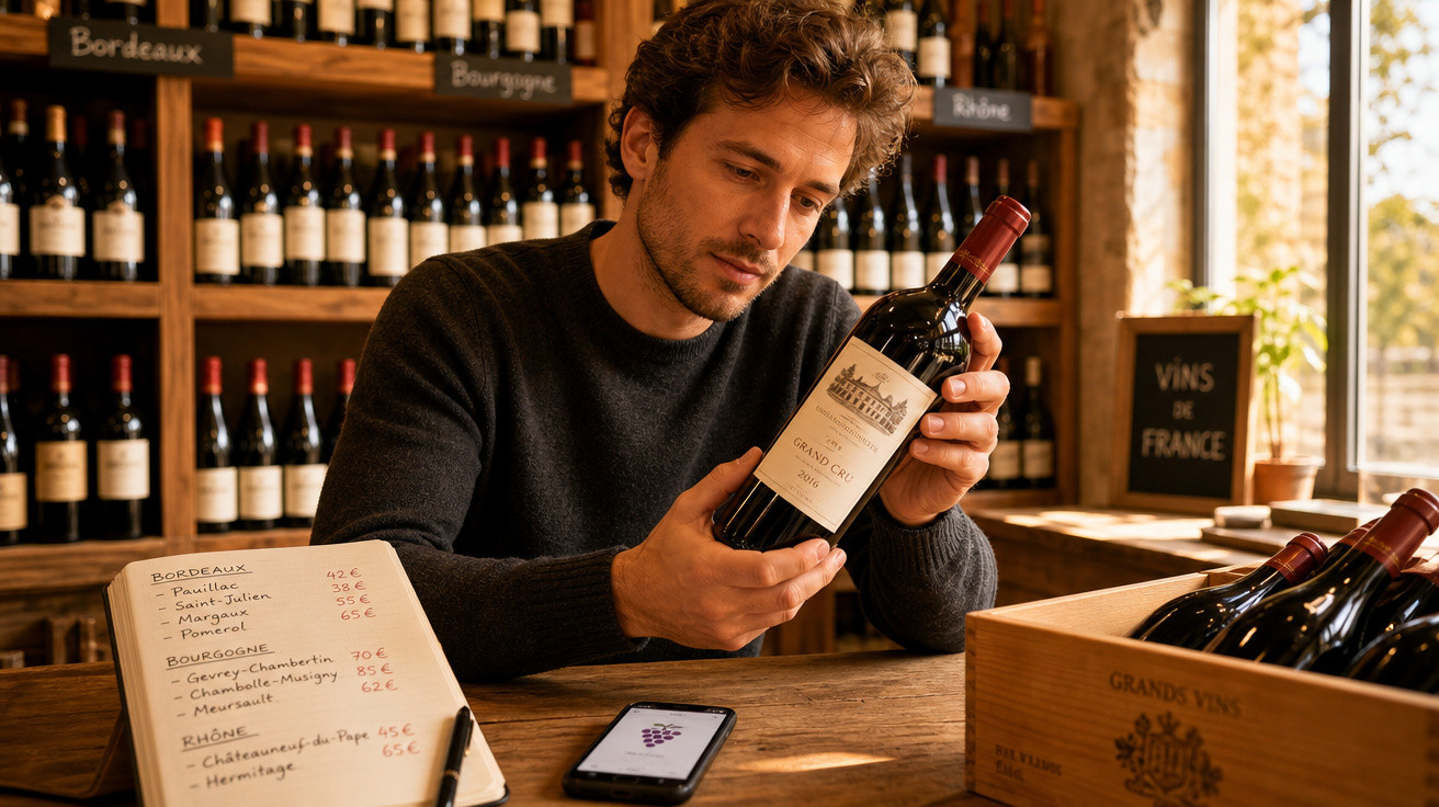 Homem numa loja de vinhos a examinar uma garrafa de vinho tinto francês Grand Cru.