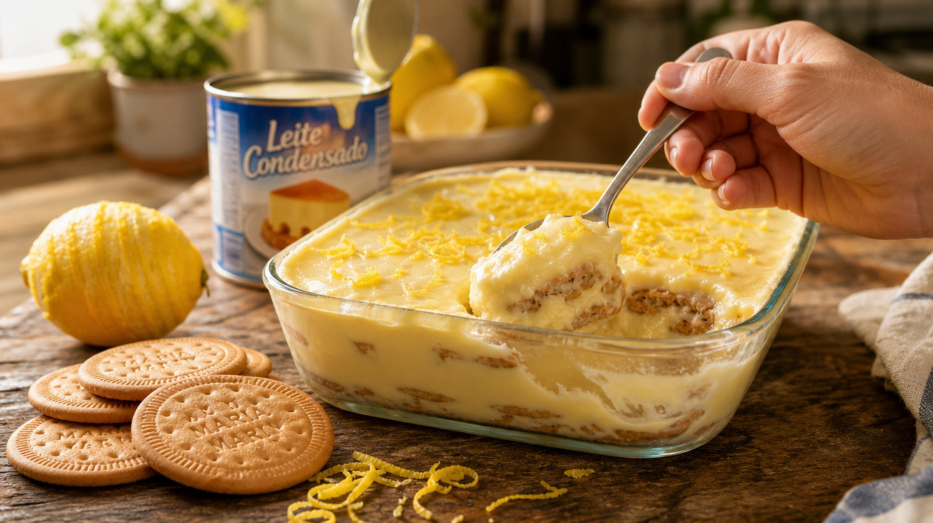 Doce de limão com bolachas e leite condensado numa taça de vidro, com colher a servir uma porção.