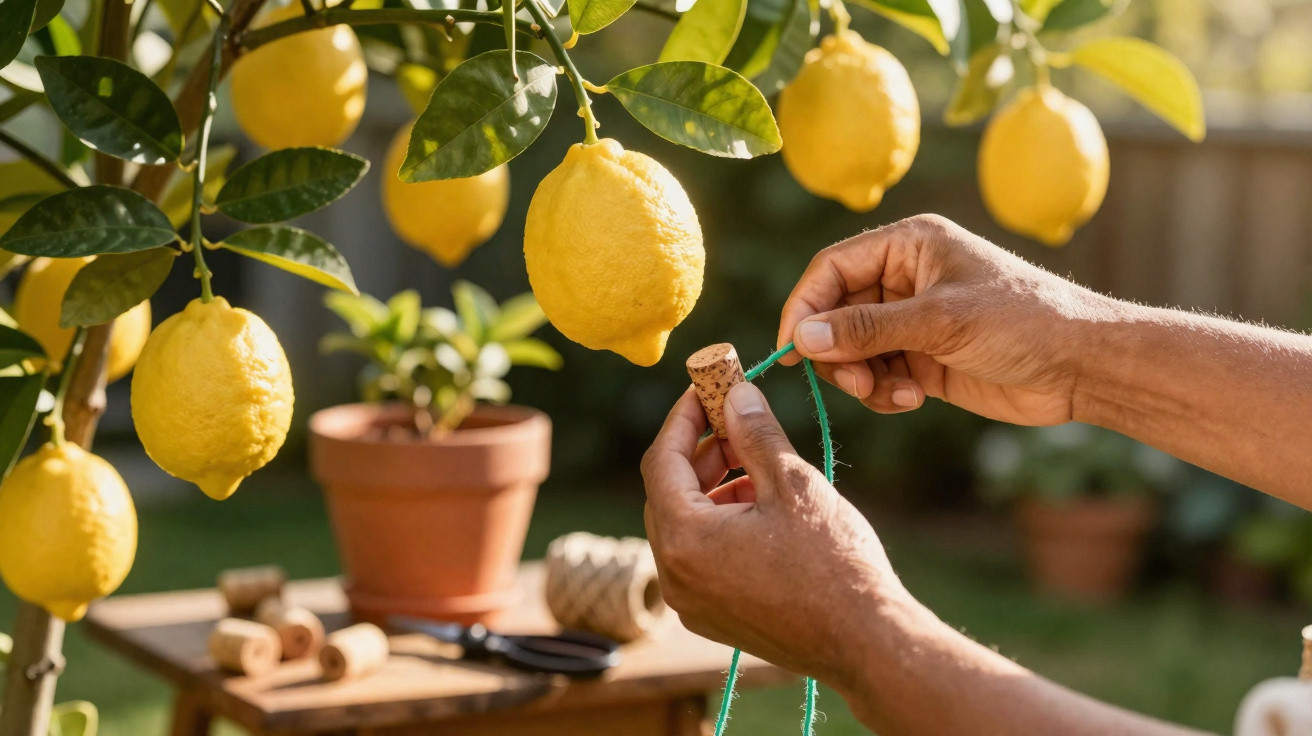 Mãos a preparar um cordel com rolha junto a um limoeiro com limões maduros em ambiente de jardim.
