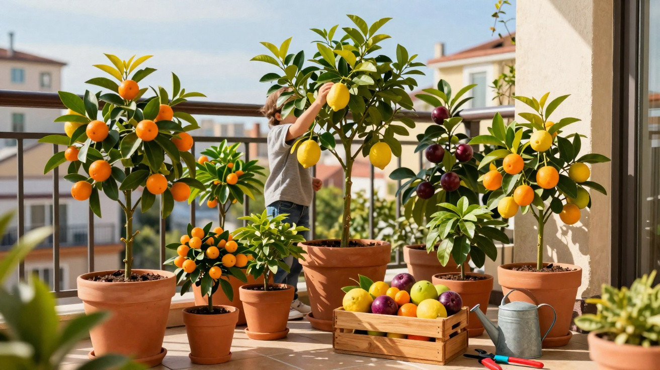 Criança a apanhar frutas de árvores cítricas em vasos numa varanda ensolarada com várias frutas coloridas.