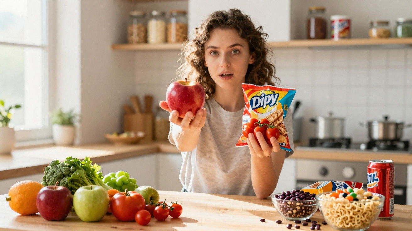 Mulher em cozinha mostra maçã vermelha numa mão e pacote de salgadinhos na outra, com frutas e snacks à frente.