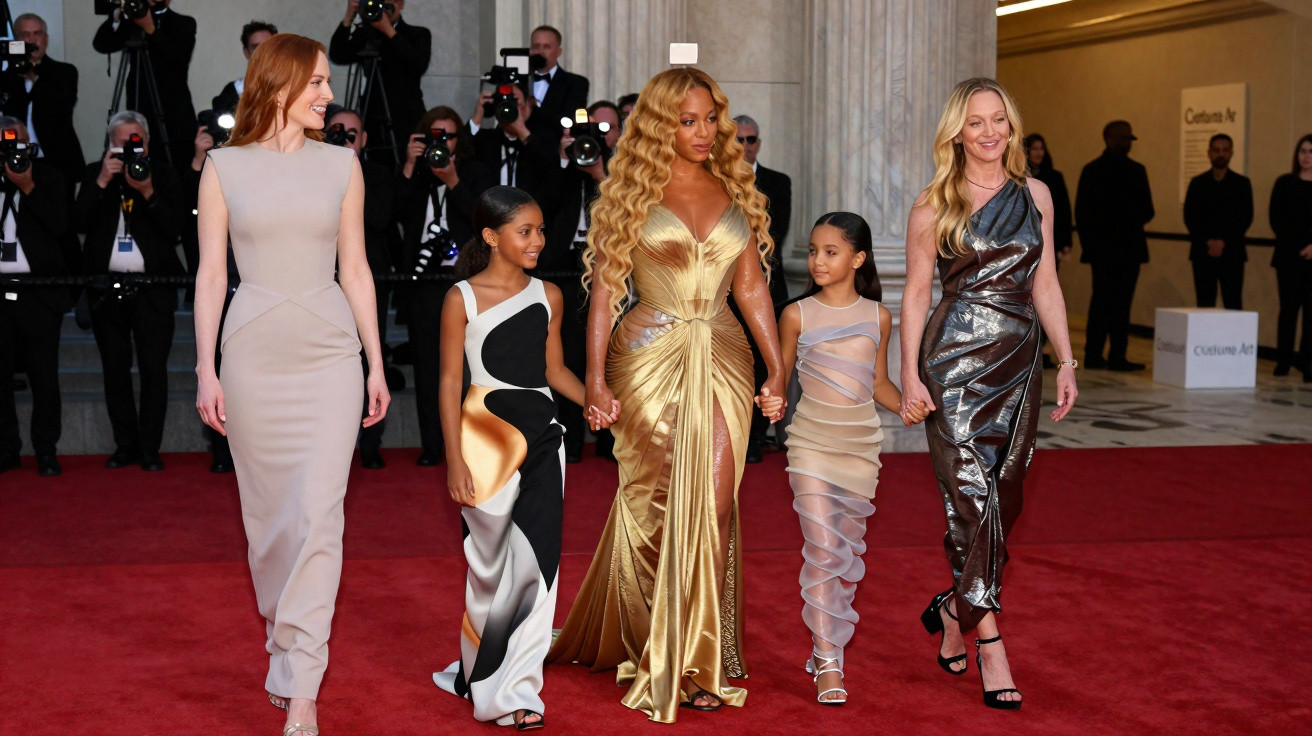 Cinco mulheres elegantes de mãos dadas no tapete vermelho, rodeadas por fotógrafos.