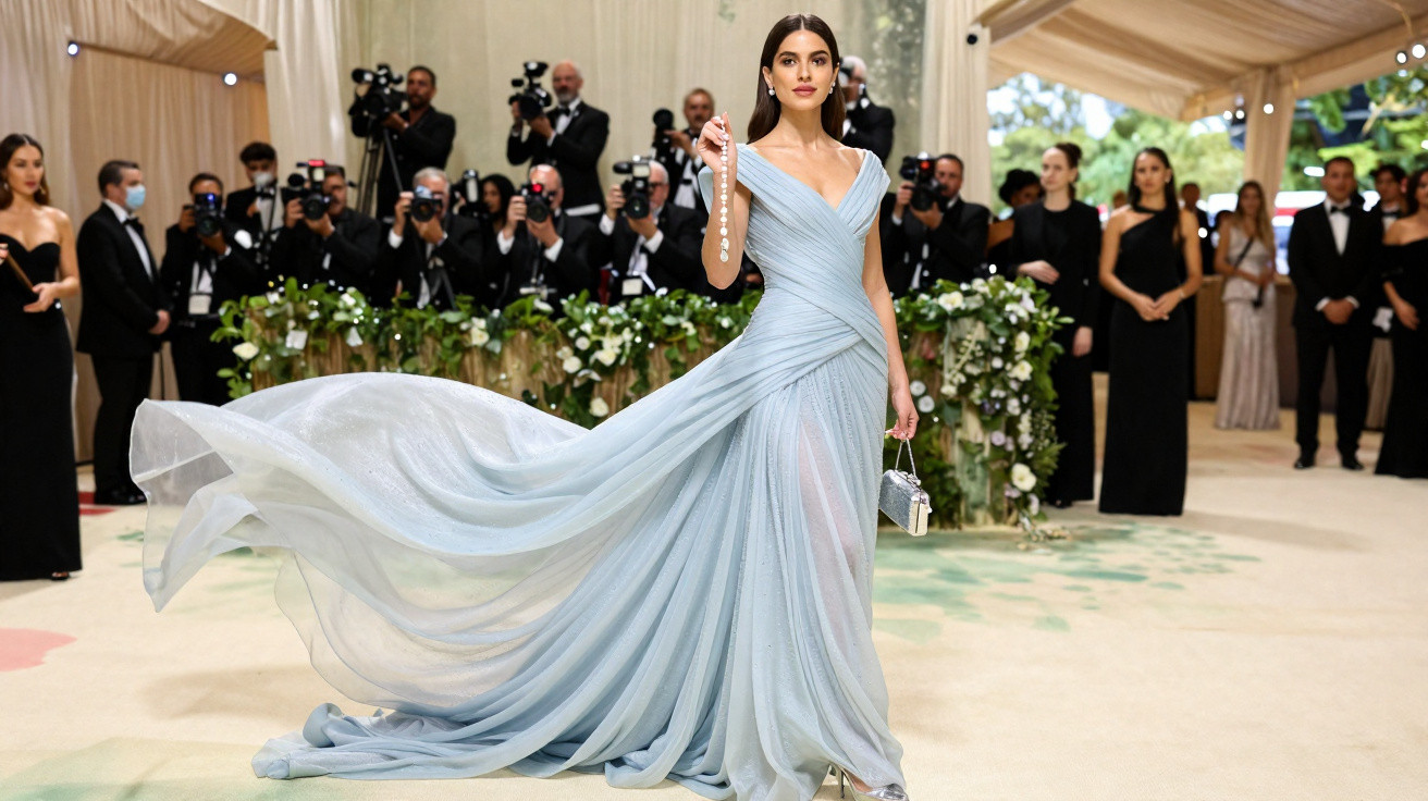 Mulher elegante em vestido azul claro esvoaçante posando no tapete vermelho com fotógrafos ao fundo.