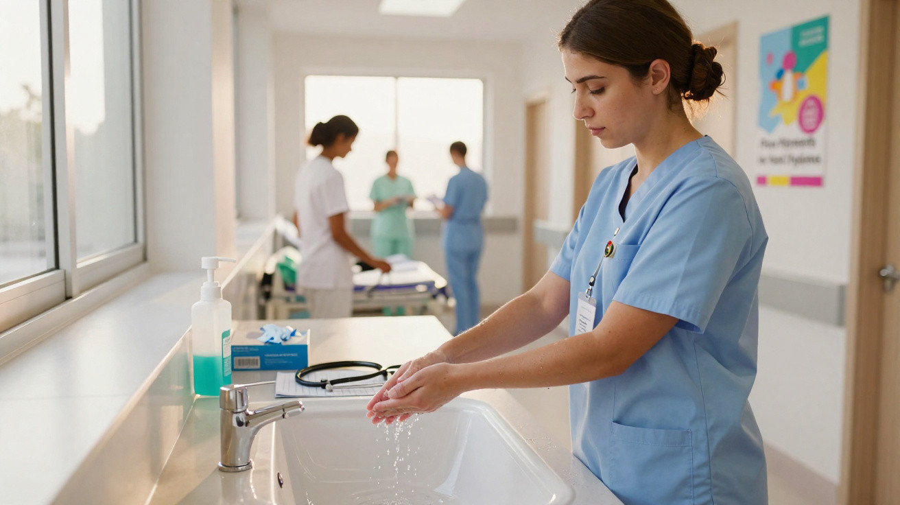 Enfermeira a lavar as mãos num lavatório num corredor de hospital, com colegas ao fundo.