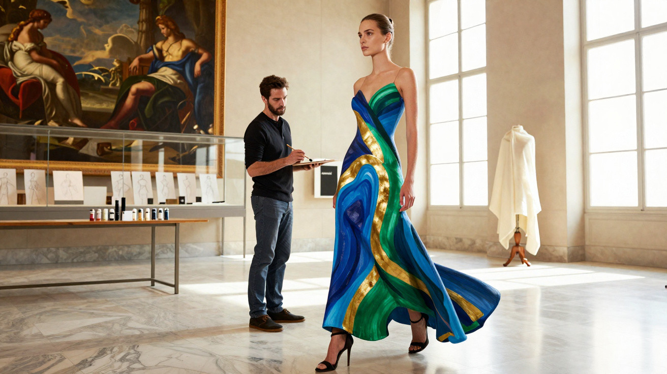 Modelo posa com vestido azul, verde e dourado numa sala de museu enquanto designer faz esboço.