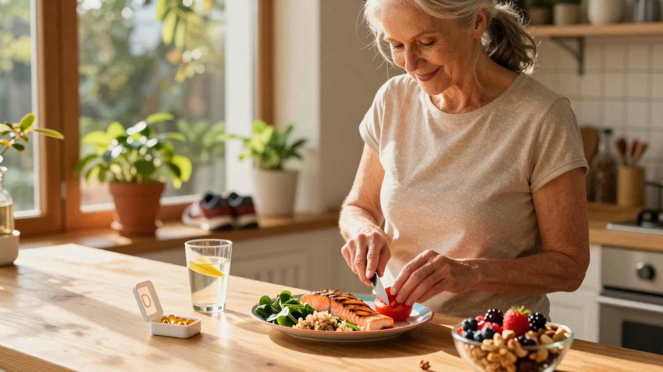 Mulher sénior a preparar uma refeição saudável com salmão e legumes numa cozinha iluminada.