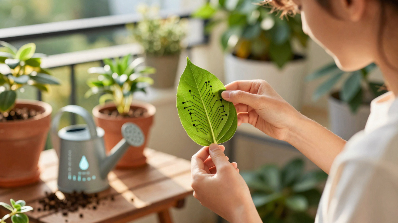 Pessoa segura folha verde com desenho de circuito eletrónico num ambiente de plantas domésticas.