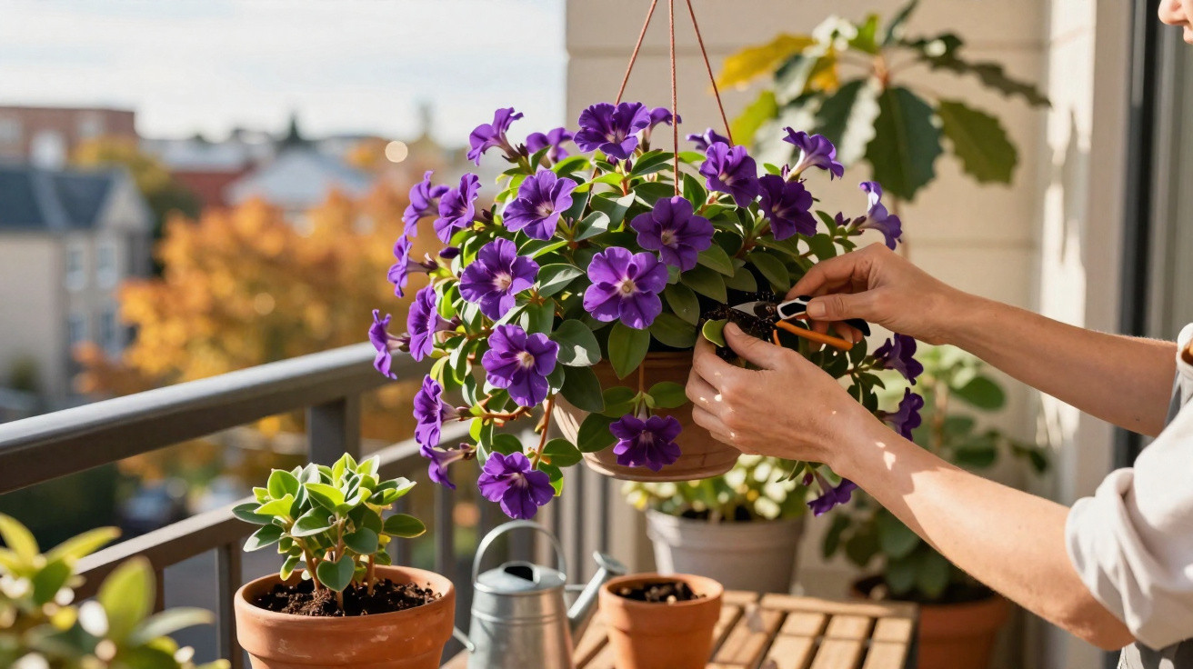 Mãos a podar flores roxas em vaso suspenso numa varanda com várias plantas e regador.