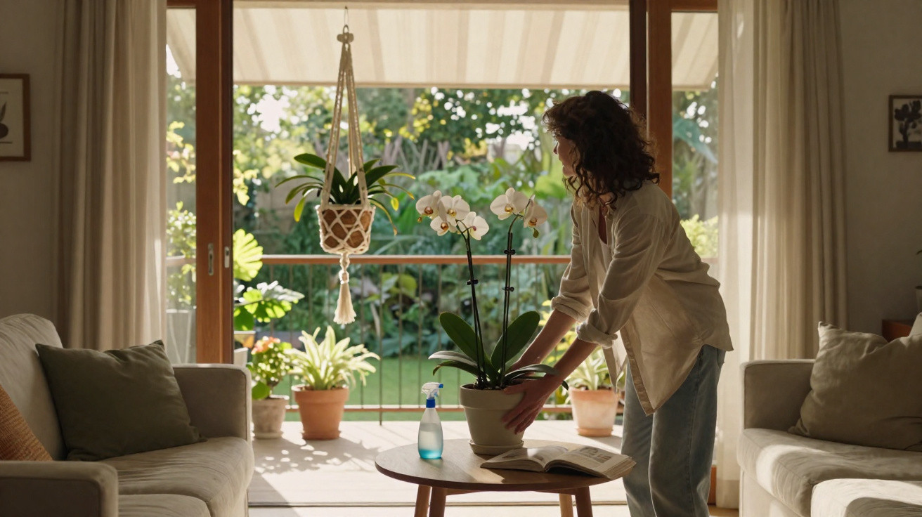 Mulher a cuidar de plantas dentro de casa com varanda e jardim ao fundo durante o dia.