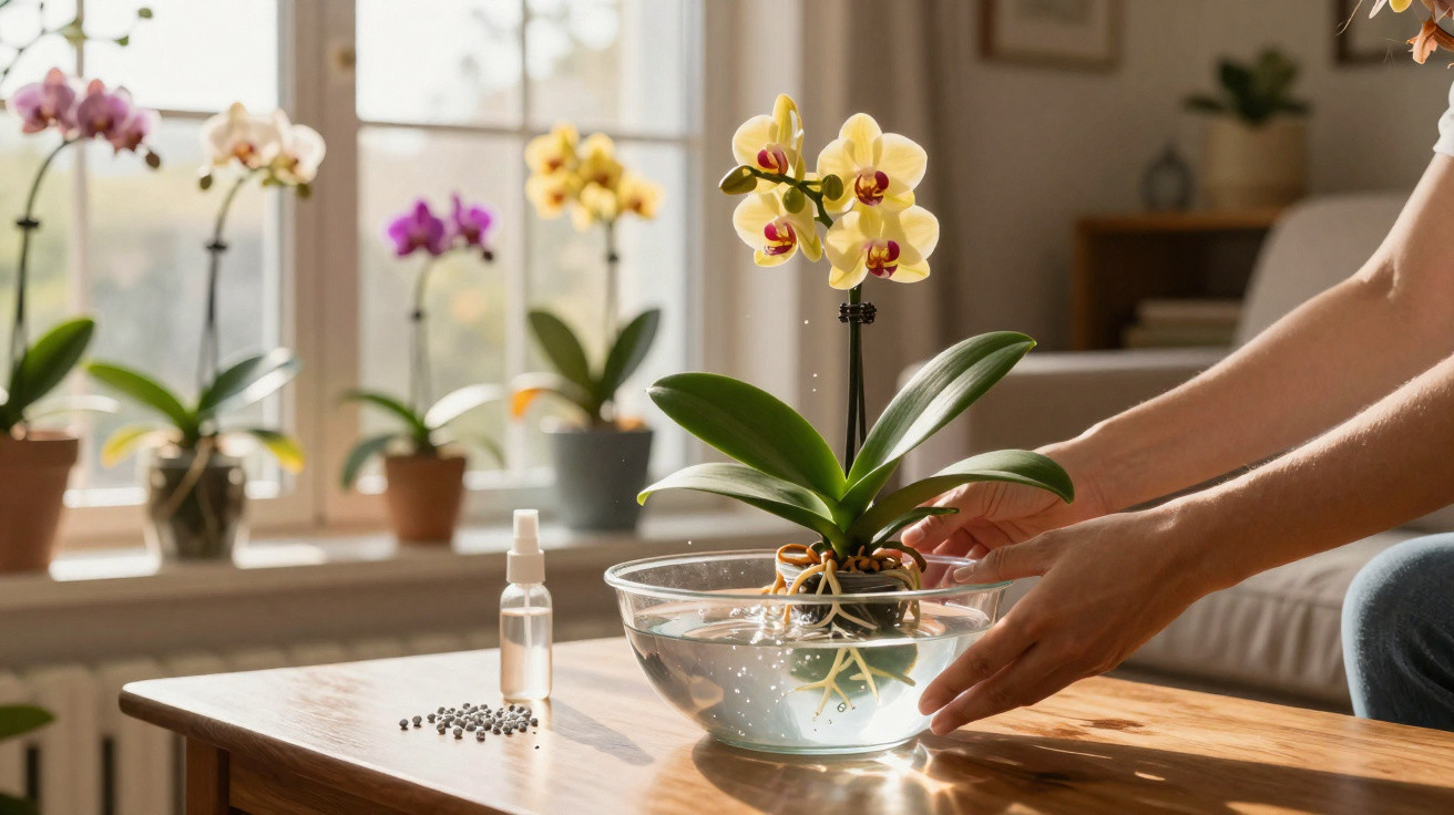 Pessoa regando orquídea amarela numa sala com outras orquídeas em vasos ao fundo, perto de janela.