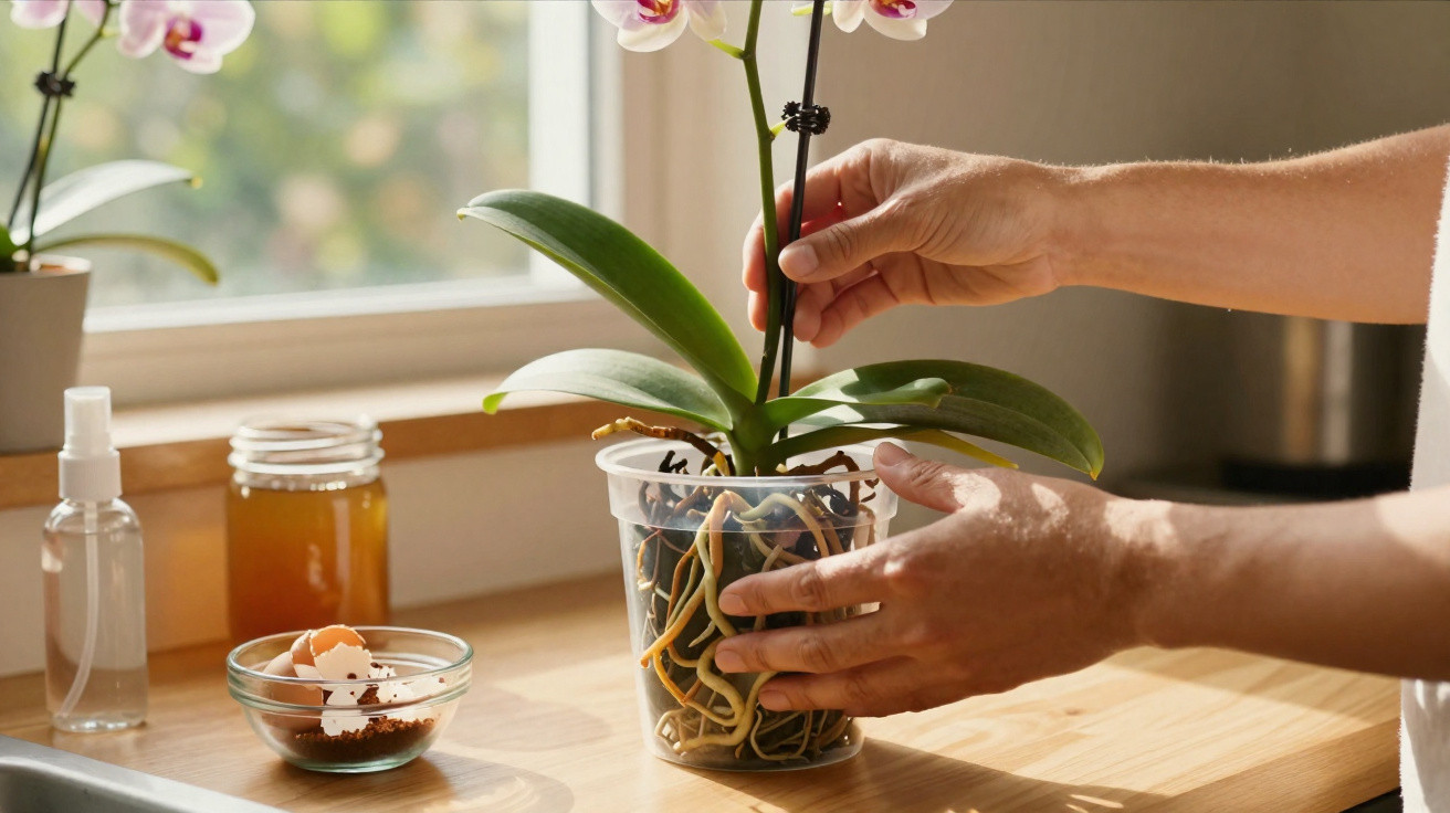 Mãos a cuidar de orquídea plantada num vaso transparente em balcão de cozinha iluminado pela luz do dia.