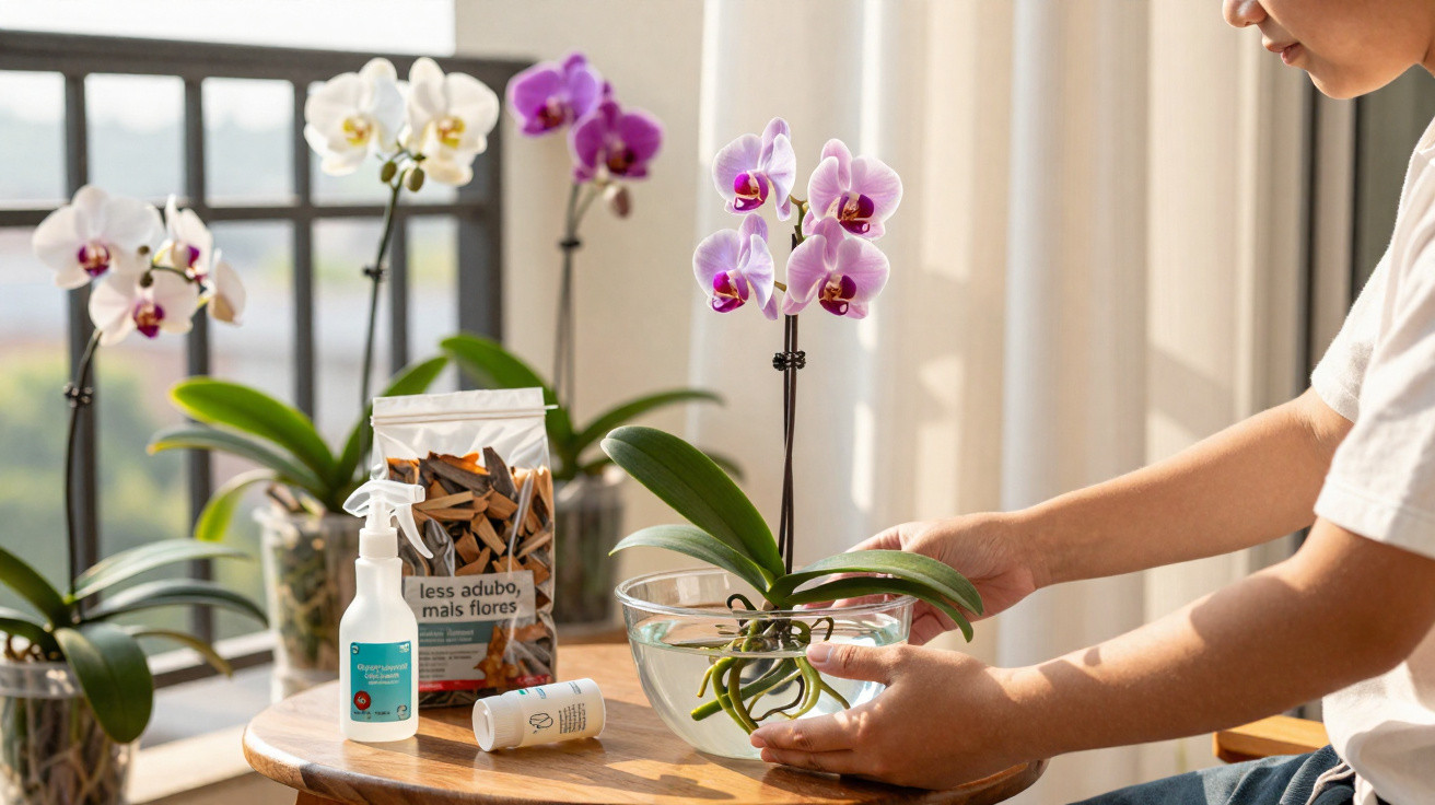 Pessoa a cuidar de orquídeas com uma tigela de água e produtos de adubo numa mesa junto à janela.