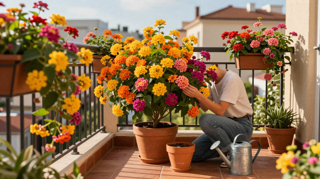 Pessoa a cuidar de flores coloridas numa varanda ensolarada com regador metálico no chão.