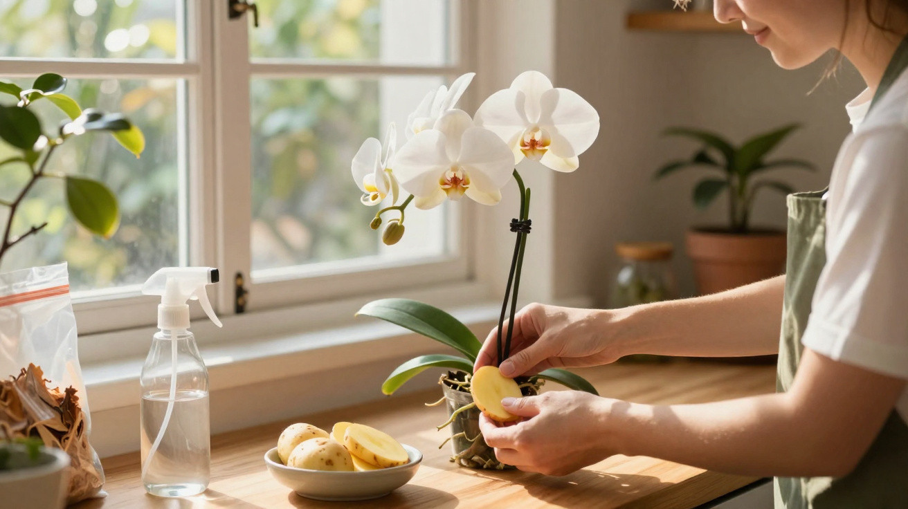 Pessoa a cuidar de orquídea branca com batatas numa bancada junto à janela iluminada.
