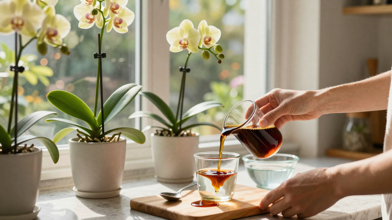 Mãos a servir café quente num copo, junto a janelas com vasos de orquídeas amarelas.