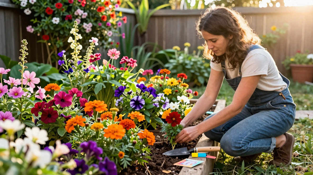 Mulher a cuidar de flores coloridas num jardim ensolarado com vasos e cerca de madeira ao fundo.