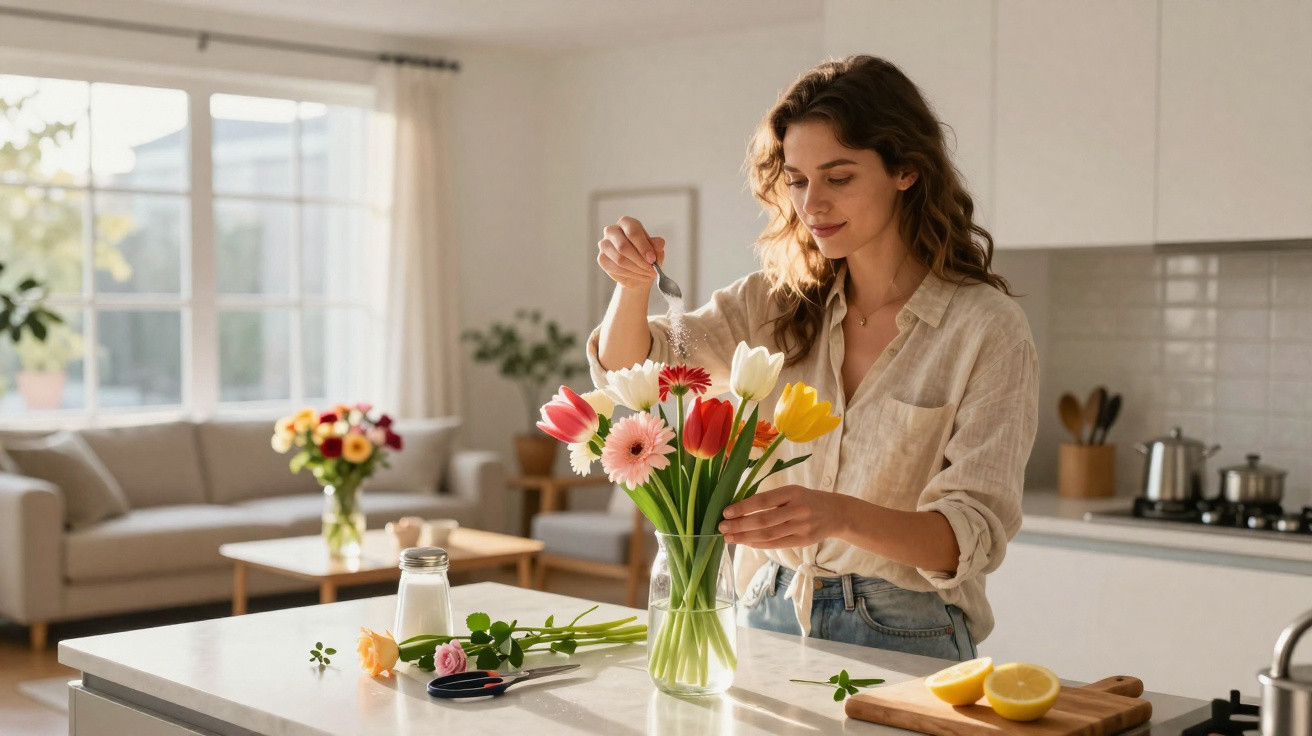 Mulher a arranjar um bouquet de flores coloridas numa cozinha moderna e iluminada.