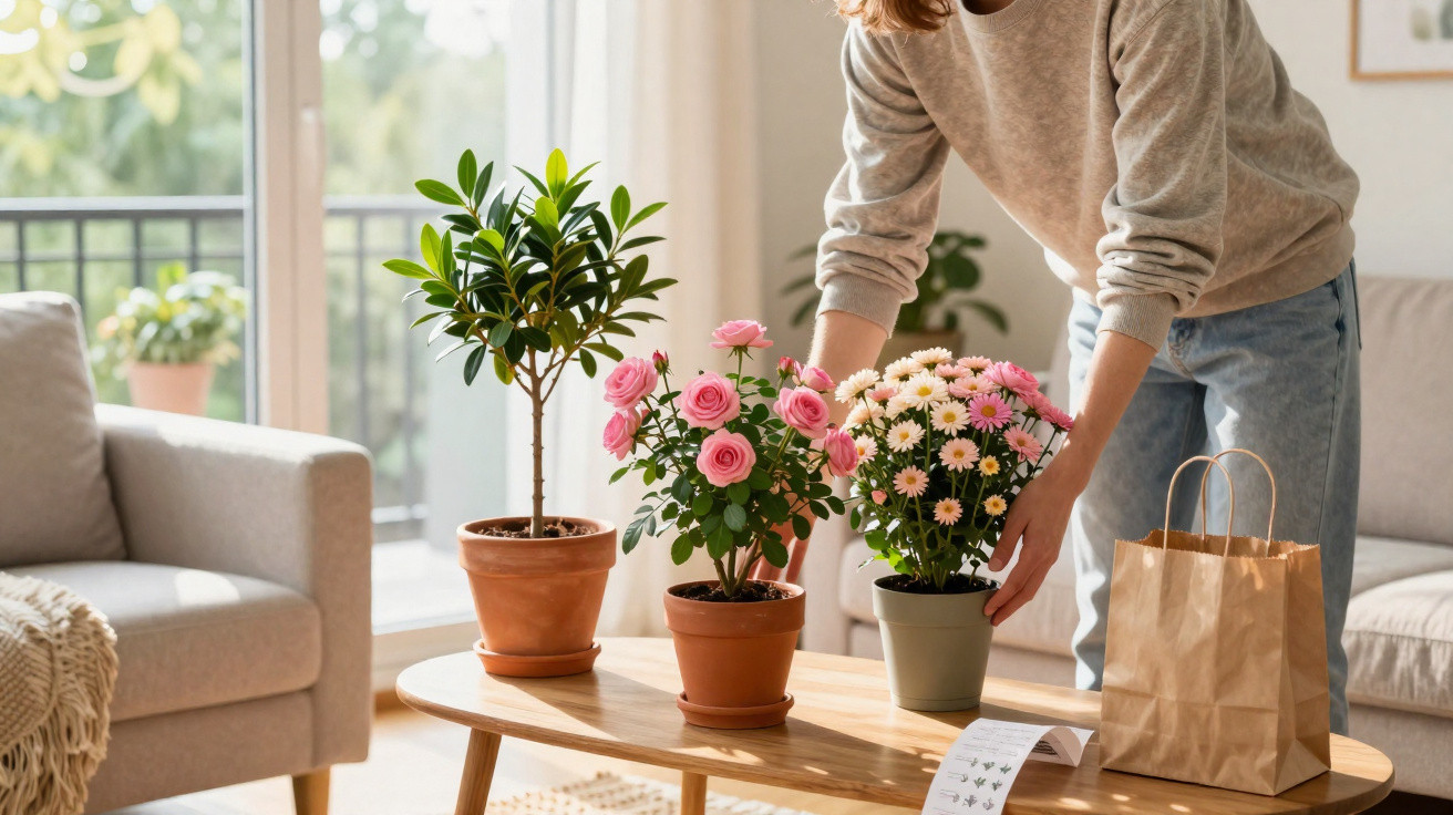Pessoa a organizar flores em vasos numa sala iluminada com sofá e sacola de papel.