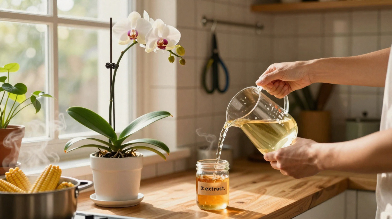 Pessoa a verter chá de uma jarra para um frasco rotulado "T.extract" numa cozinha iluminada.