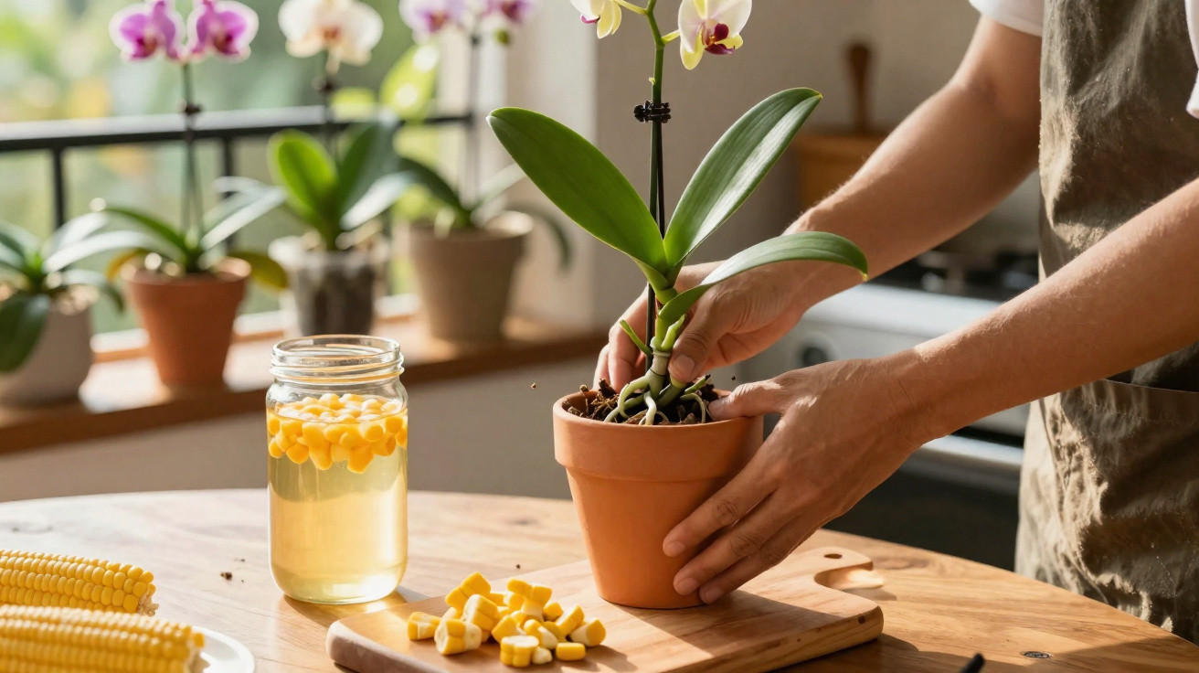 Pessoa a cuidar de orquídea em vaso num ambiente interior com jarra de água e milho cortado à frente.