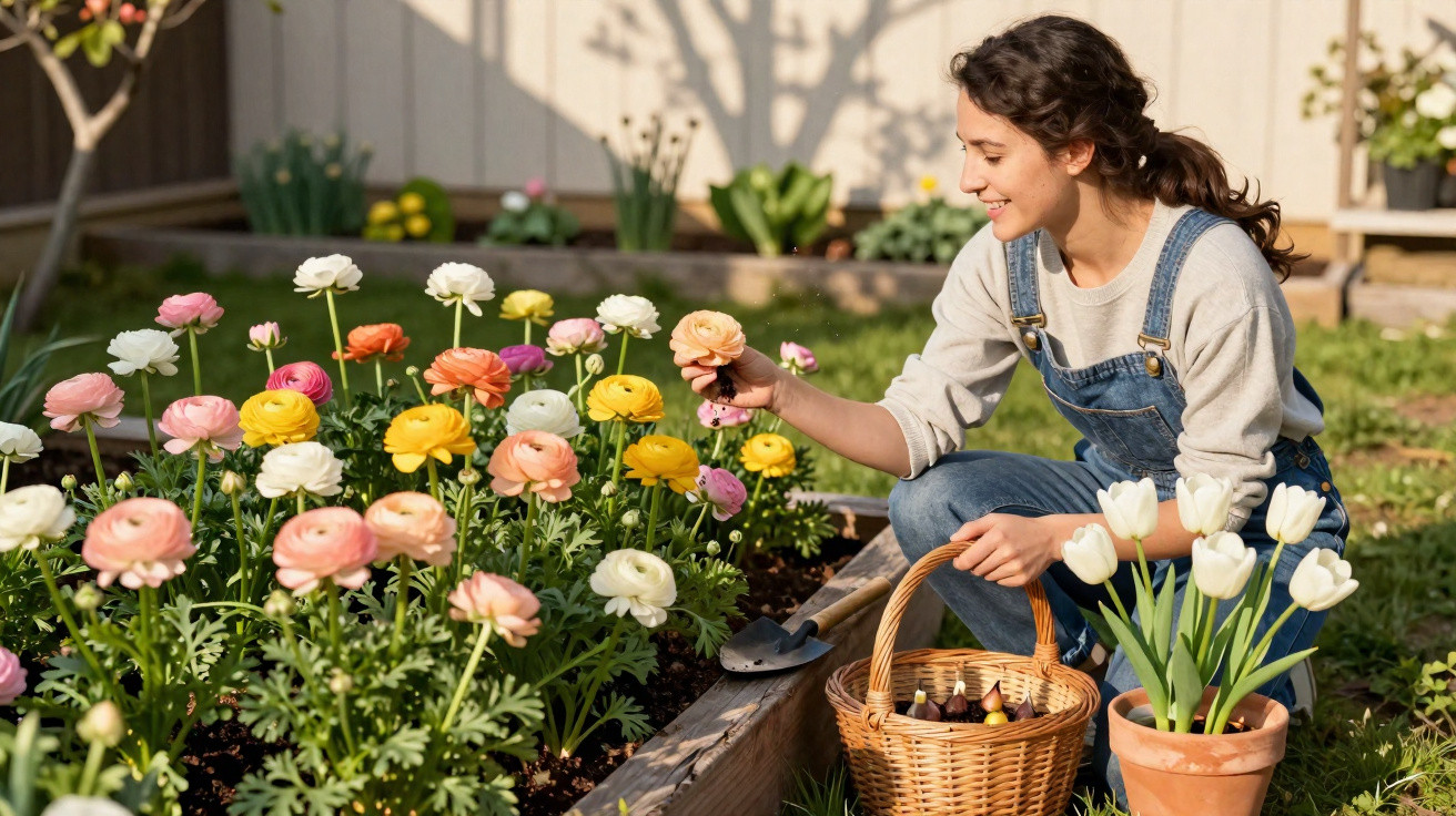 Mulher feliz a cuidar de flores coloridas num canteiro de jardim com cesta e vasos ao lado.