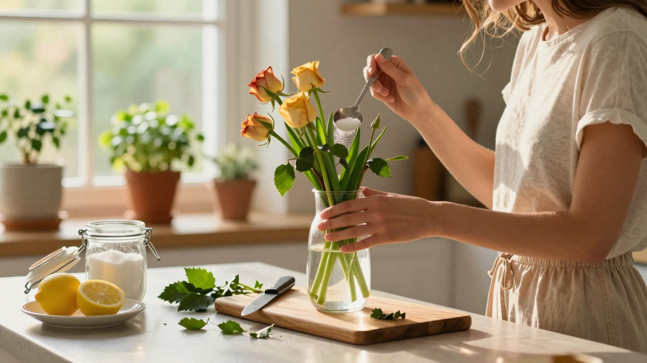 Pessoa a adicionar açúcar em flores amarelas num vaso, com limões e ervas na bancada da cozinha.