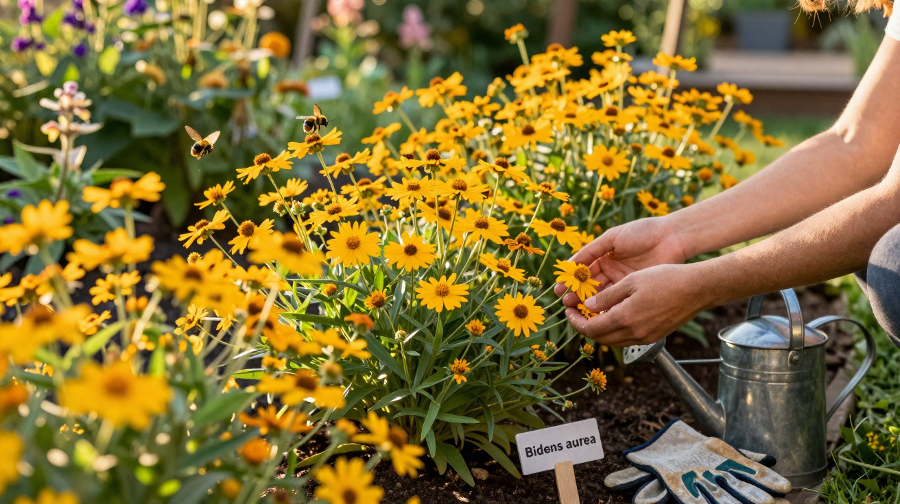 Jardim com flores amarelas Bidens aurea, abelhas e mãos a cuidar das plantas ao lado de regador e luvas.