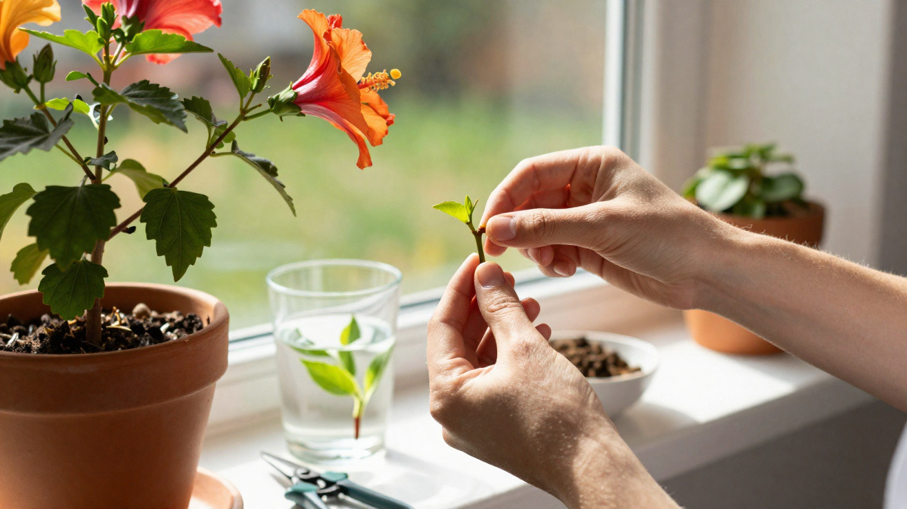 Mãos a propagar uma planta junto a uma janela, com vaso de hibisco florido e copo com água.